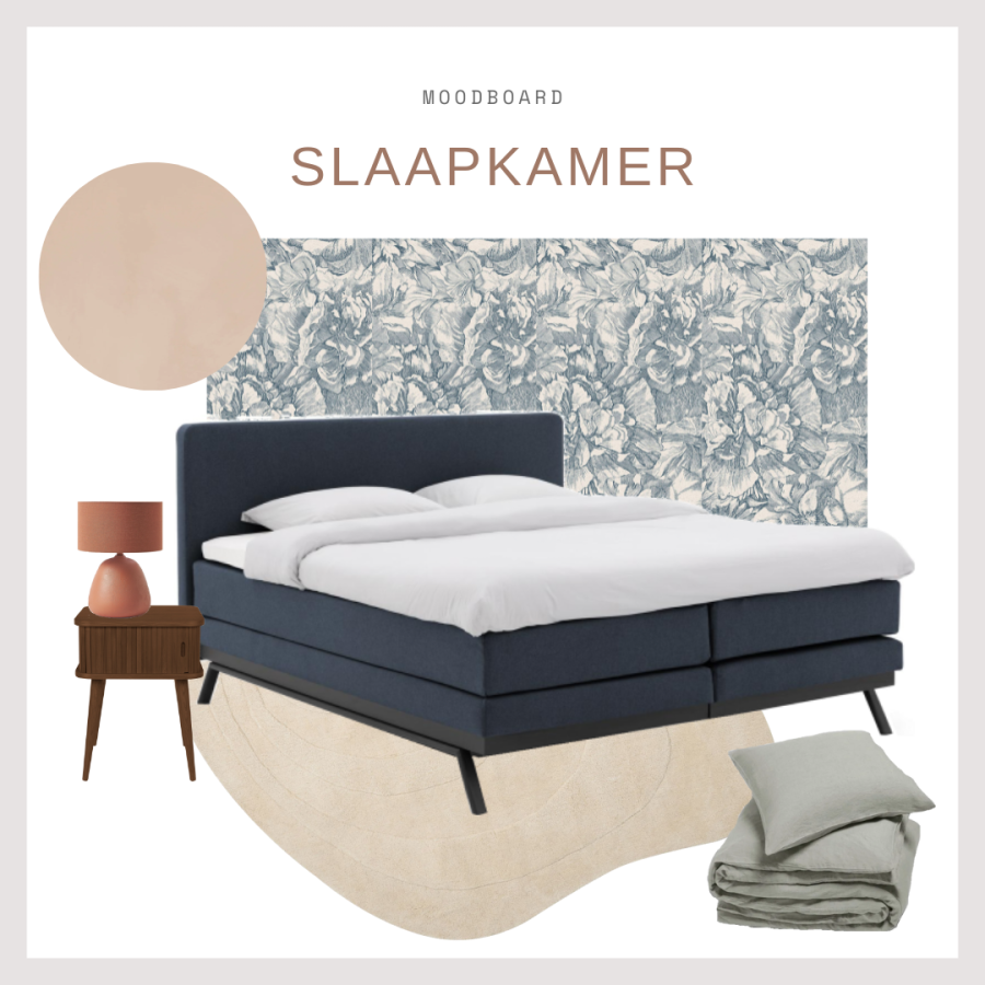 Moodboard slaapkamer - kleurenpalet diepblauw met ourdroze